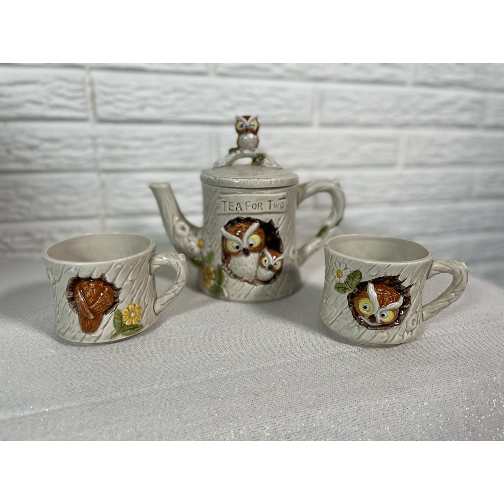 Vintage Enesco Owl Tea For Two Set Tea Pot With Lid 2 Mugs Stackable Retro 1977